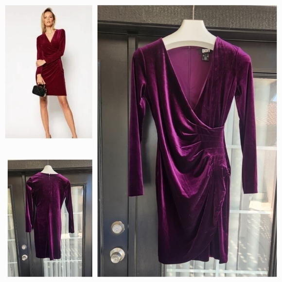DKNY Sheath‎ Dress Purple Velvet Surplice Side-ruched - Picture 1 of 4